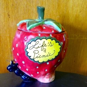 Vintage Red & Green Ceramic Cookie Jar, Canister, Strawberry Decor, Black Ant